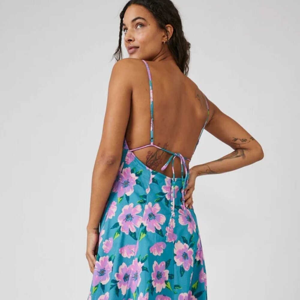 NWT FREE PEOPLE FINER THINGS TEAL FLORAL STRAPPY BOHO MIDI SUNDRESS M - Picture 3 of 10